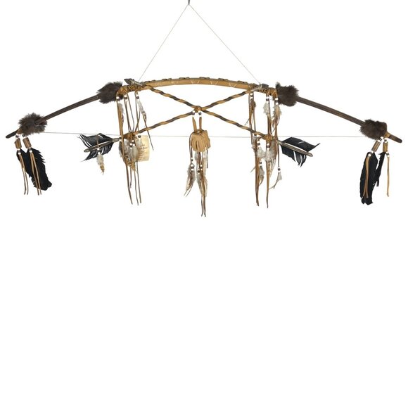Chief Cross Bow Native American Wall Hanging Decor with Deerskin & Feathers - Picture 1 of 16